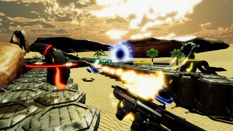 AIRA VR – Spieler und Türme greifen Gegner mit Flammen und Lasern auf futuristischem Schlachtfeld an.