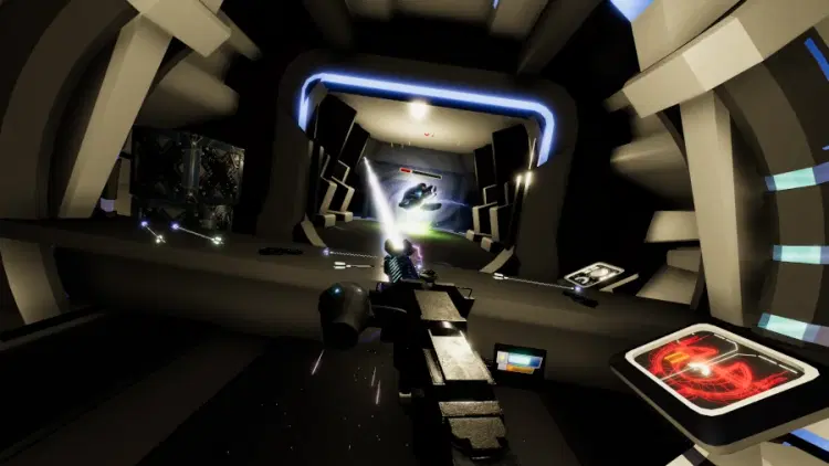 AIRA VR – Spieler feuert mit futuristischer Energiewaffe einen mächtigen Strahl ab.
