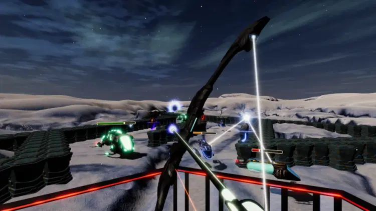 AIRA VR – Spieler schießt Pfeile von eisiger Klippe in verschneite Landschaft.