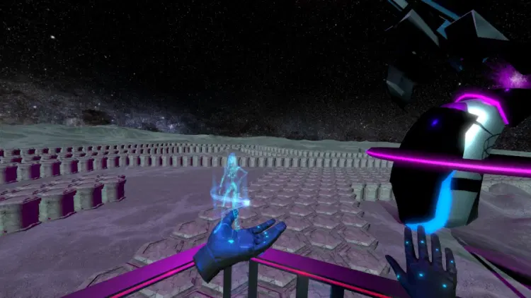 AIRA VR – Spieler hält leuchtendes Hologramm der KI-Assistentin AIRA in der Hand.
